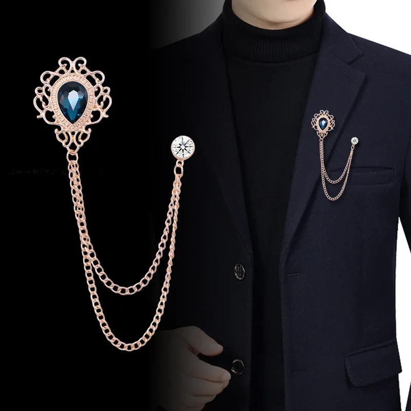 Men Fashion Vintage - Pin Kerah Kristal Berlian Imitasi Rantai