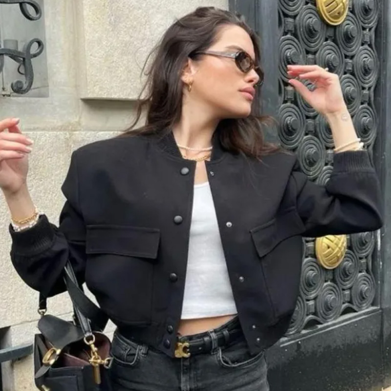 Varsity Jacket Letterman - Jaket Bomber Wanita HXAO Crop Hitam