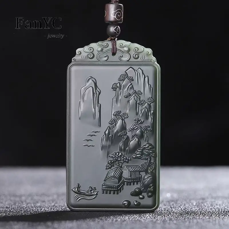 Men'S Fashion Necklaces - Liontin merek lanskap Hetian Jade Qingyu